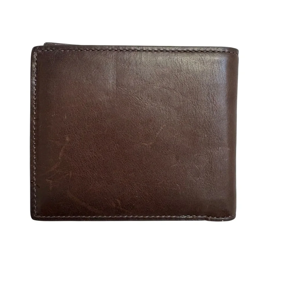 Coach 74493 mahogany brown navy blue striped men’s bifold leather wallet